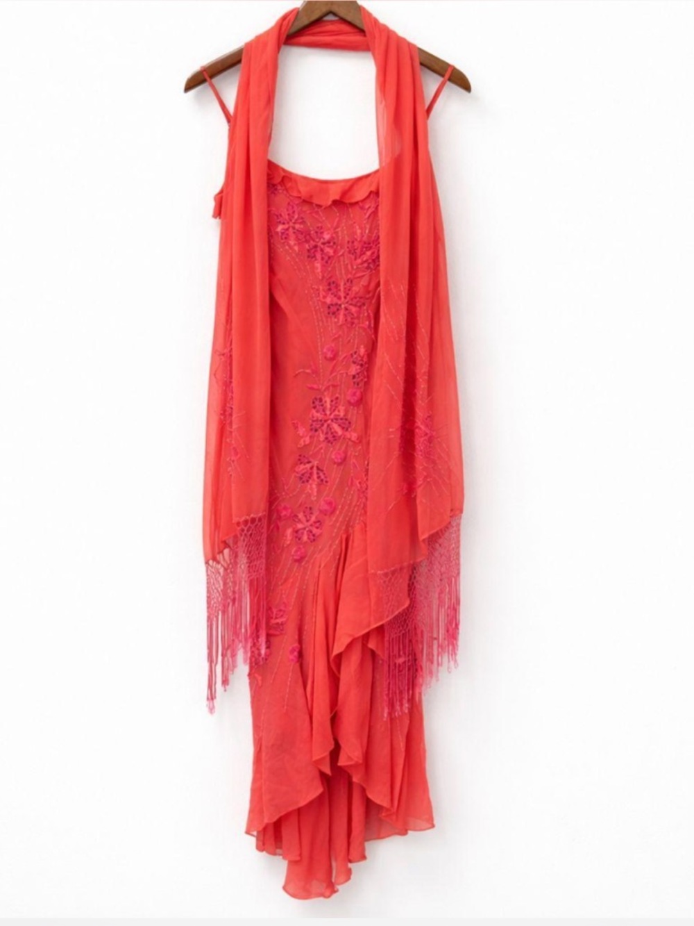 Vintage Y2K Sue Wong Nocturne Coral Silk Beaded Floral Dress w/ Scarf Shawl Set